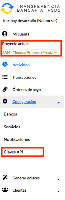 Dashboard Transferencia Bancaria PSD2